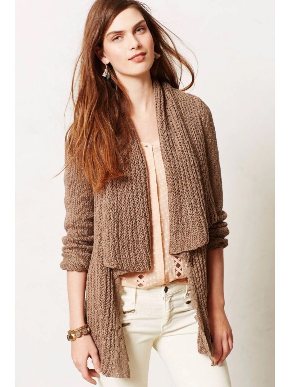 Anthropologie Brown Lace Trim Knit Cardigan Sweater S | Boho Grunge Fairycore - Picture 2 of 16